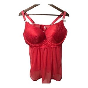 Elegant Red Lace Babydoll Lingerie 2X Sheet Mesh Crisscross Back Plus Size